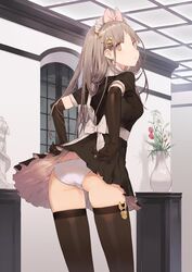 ass back_to_viewer black_legwear bow brown_eyes brown_hair clothes_pull clothing dress elbow_gloves female flower from_behind gloves hair_ornament hairbow headdress high_resolution light-skinned lily_(flower) lingerie long_hair looking_at_viewer looking_back maid maid_headdress original pale_skin panchira panchira_(standing) pantsu pantyshot pantyshot_(standing) short_dress skindentation skirt skirt_lift skirt_pull solo standing statue tagme takekono thigh_gap thighhighs thighs tulip twitter underwear underwear_band upscaled upskirt vase viewed_from_behind waifu2x white_panties white_underwear wind_lift window zettai_ryouiki