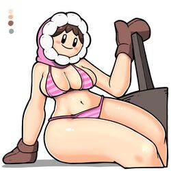 1girls alternate_body_type big_breasts big_thighs bikini black_eyes breasts brown_gloves brown_hair cleavage clothing female female_only gloves hammer hood ice_climber light-skinned_female light_skin mob_face nana_(ice_climber) nintendo no_nose omoitukan2 pink_bikini simple_face smile solo striped_bikini thick thick_hips thick_thighs voluptuous white_background wide_hips