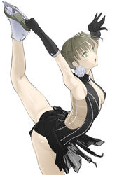 armpits ass bangs breasts brown_hair center_opening character_request choker cleavage elbow_gloves erect_nipples erect_nipples_under_clothes female female figure_skating flower full_cleavage gloves green_eyes high_resolution hips ice_skates leg_up legs medium_breasts nakabayashi_reimei nipples open_mouth pose shiny shiny_skin short_hair simple_background skates solo tagme thighs white_background