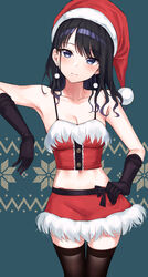 1girls armpits bangs bare_shoulders black_gloves black_hair black_legwear blue_eyes breasts christmas christmas_outfit clavicle cleavage closed_mouth crop_top earrings eyebrows_visible_through_hair female fur_trim gloves hand_on_hip hat high_resolution idolmaster jewelry kazano_hiori light-skinned_female light_skin long_hair looking_at_viewer medium_breasts midriff miniskirt mirei mole mole_under_mouth navel one_arm_up red_headwear red_shirt red_skirt santa_hat shirt skirt sleeveless sleeveless_shirt smile solo spaghetti_strap tagme the_idolm@ster:_shiny_colors thighhighs thighs wavy_hair zettai_ryouiki