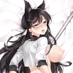 animal_ears atago_(azur_lane) atago_(stunning_speedster)_(azur_lane) azur_lane bed_sheet black_hair breasts commentary cropped cum cum_on_body cum_on_breasts dakimakura_(medium) drooling female flag from_above hair_ribbon heart heart-shaped_pupils large_breasts long_hair looking_at_viewer lying mole mole_under_eye nipples official_alternate_costume on_side open_mouth qi_yuan_zhi_yu ribbon saliva sample shirt shrug_(clothing) smile solo symbol-shaped_pupils tongue tongue_out upper_body white_ribbon white_shirt yellow_eyes