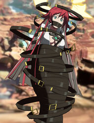 1girls bdsm belt blurry_background bondage bound breasts colored_inner_hair cross day eyebrows_behind_hair gag gagged guilty_gear halo jack-o'_valentine long_hair mikesedam2 outdoors red_eyes red_hair solo white_hair