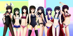 2:1_aspect_ratio 6+girls 8girls accel_world ahoge animal_ears aoki_reika arched_back armpits arms_up bangs bikini black_hair blue_eyes blue_hair blunt_bangs breasts brown_eyes bunny_ears bunny_girl bunnysuit chiaki_kurihara chitanda_eru cleavage clothing color_connection crossover dark-skinned_female dark_skin detached_collar detached_sleeves dusk_maiden_of_amnesia female female_only flower front-tie_top ghost glasses green_hair group hair_color_connection hair_flower hair_ornament hairclip hairpin hairstyle_connection hanaki_yuka hand_on_hip high_resolution hime_cut hyouka jewelry kanoe_yuuko kenken kore_wa_zombie_desu_ka? kuroyukihime large_breasts leotard long_hair look-alike looking_back megane midriff miniskirt_pirates multiple_crossover multiple_girls name_tag natsuiro_kiseki navel necktie one-piece_swimsuit open_fly orange_eyes pantyhose polka_dot polka_dot_bikini polka_dot_swimsuit precure pretty_cure purple_eyes red_eyes sanka_rea sankarea sarasvati_(kore_wa_zombie_desu_ka?) saraswati_(kore_wa_zombie_desu_ka?) scar season_connection side-tie_bikini small_breasts smile_precure stockings straight_bangs straight_hair striped striped_bikini striped_swimsuit sukumizu swimsuit take_your_pick tank_suit trait_connection twisted_torso underboob unzipped v wallpaper white_bikini white_swimsuit wrist_cuffs zombie zombie_girl