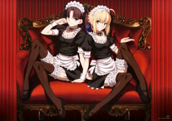 2girls ahoge apron artoria_pendragon artoria_pendragon_(saber) black_hair black_legwear blonde_hair blue_eyes bow braid breasts brown_hair choker cleavage clothing couch duo fate/stay_night fate_(series) feet_on_chair female female_only frilled_legwear frills full_body garter green_eyes hair_ornament hair_ribbon hairbow headdress headwear high_heels high_resolution human leg_up legs light-skinned long_hair long_legs looking_at_viewer maid maid_headdress medium_breasts multiple_girls official_art red_couch ribbon saber scan shoes sitting smile takeuchi_takashi thighhighs thighs tied_hair tohsaka_rin twintails two_side_up very_high_resolution wallpaper wrist_cuffs zettai_ryouiki