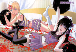 2girls :d armpits arms_up bare_shoulders bed black_hair black_legwear blonde_hair blue_eyes bow cheerleader clothing comic crease darin_arnschent_kurumiya duo feet female flower footwear hair_flower hair_ornament hairbow hattori_mitsuru high_resolution hydrangea kneehighs kurumiya_darin_arnschent legwear long_hair lying manga_page midriff multiple_girls navel on_side on_stomach one_arm_up open-mouth_smile open_mouth pale_skin petals pillow pom_poms ponytail red_eyes ribbon rose rose_petals sanka_rea sankarea scan scar skirt smile socks stitches tagme thighhighs thighs tied_hair white_legwear zettai_ryouiki zombie zombie_girl