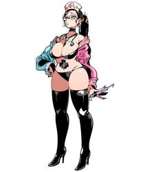 1girls belly big_breasts black_hair bra earrings glasses kafun latex_boots long_boots long_hair nurse solo_female standing standing_position tagme thick_thighs thong tied_hair two_tone_jacket yellow_eyes