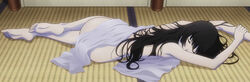 bangs barefoot black_hair closed_eyes feet female high_resolution hime_cut long_hair long_image lying nude sanka_rea sankarea screen_capture sleeping stitched tagme toes towel wide_image zombie