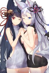 2girls ;) animal_ears aran_sweater artist_name ass ass_cleavage asymmetrical_bangs asymmetrical_hair back backless_outfit bangs bare_back bell black_hair black_ribbon blue_eyes blunt_bangs blush breasts butt_crack closed_mouth cowboy_shot dress erune_race_(granblue_fantasy) eyebrows_visible_through_hair female flower forehead granblue_fantasy hair_bell hair_ornament hair_ribbon half_updo halterneck hands_together haru_ato high_resolution hime_cut interlocked_fingers jingle_bell kitsunemimi large_breasts long_hair looking_at_viewer looking_back meme_attire multiple_girls naked_sweater no_bra nopan one_eye_closed open-back_dress parted_lips posterior_cleavage red_eyes red_ribbon revision ribbed_sweater ribbon sideboob signature silver_hair simple_background smile socie socie_(granblue_fantasy) sweatdrop sweater sweater_dress tagme tail thighs tied_hair turtleneck turtleneck_sweater very_long_hair virgin_killer_sweater white_background white_hair wink yuel yuel_(granblue_fantasy)