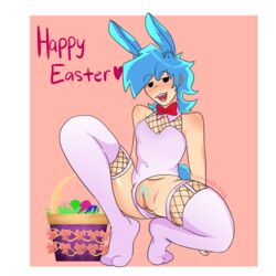 1cuntboy :3 blue_hair boyfriend_(friday_night_funkin) bunny_ears bunnysuit crossdressing cuntboy easter facing_viewer friday_night_funkin horny intersex male male_only playboy_bunny pussy rottinbunny stockings