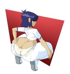 1girls ass ass_cleavage bangs blue_hair butt_crack covered_eyes female female_only gorillaz grin grinning hi_res huge_ass human large_ass mrwastemaster noodle_(dare) noodle_(gorillaz) pale_skin sneakers squatting tan thick_thighs thighs underwear white_panties white_pants white_shirt white_underwear