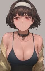 1girls absurd_res bell bell_collar black_hair breasts cleavage collar female female_only hi_res large_breasts looking_away mole mole_under_eye original red_eyes solo yohan1754