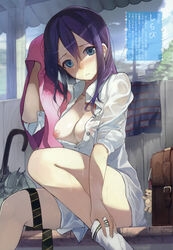 bag black_hair blue_eyes blush breast_slip breasts cleavage closed_umbrella clothing dengeki_moeoh face female footwear high_resolution kneehighs large_breasts legwear light-skinned long_hair looking_at_viewer necktie nipple_slip nipples no_bra no_pants one_breast_out_of_clothes open_clothes open_shirt original school_bag shirabi_(life-is-free) shirt sitting socks solo tagme towel translation_request umbrella undressing very_high_resolution wet white_legwear