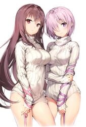 2girls anmi arm_ribbon bangs blush breasts brown_hair covered_navel dress eyebrows_visible_through_hair fate/grand_order fate_(series) female hair_over_one_eye high_resolution large_breasts long_hair long_sleeves looking_at_viewer mash_kyrielight medium_breasts multiple_girls naked_sweater purple_eyes purple_hair red_eyes ribbed_sweater ribbon scathach_(fate) short_hair sleeves_past_wrists standing sweater sweater_dress tagme thighs turtleneck turtleneck_sweater very_long_hair white_background white_sweater