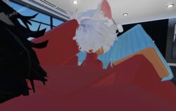 3d balls bedroom black_hair blowjob blue_shirt brown_skin candyo cat_boy cat_ears catboy gay male neko_(candyo) nude nude_male original_character penis red_skin roblox robloxian source_request watermark white_hair yaoi