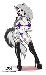 anthro big_breasts bikini bimbo boots collar eyebrow_piercing eyeshadow fishnet_armwear fishnet_stockings fishnets fluffy fur furry goth grey_hair hellhound helluva_boss high_heel_boots high_heels iacolare jacogram long_hair looking_at_viewer loona_(helluva_boss) platform_heels spiked_collar tail voluptuous white_fur wolf wolf_ears wolf_girl wolf_tail wolfgirl