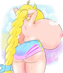 blonde_hair blue_bow blush braids cassie_(theycallhimcake) edit huge_breasts lactation long_hair looking_at_viewer milk_on_breasts nipples no_bra rear_view steam sweat