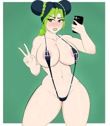 1girls big_breasts cellphone colored_hair eyebrows_visible_through_hair eyelashes female female_focus female_only g3mma green_hair green_lips holding holding_object holding_phone jojo's_bizarre_adventure jolyne_kujo light-skinned_female light_skin looking_at_viewer nude nude_female phone photo selfie shounen_jump solo solo_female solo_focus stone_ocean sweat thick_thighs