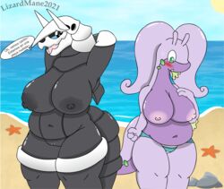 2girls absurd_res aggron anthro areola beach big_breasts black_areola black_body black_nipples blue_eyes blush bodily_fluids breasts casual_nudity clitoris clothed clothing curvy_figure detailed_background digital_media_(artwork) dragon duo erect_nipples female genitals goodra green_eyes half-closed_eyes hand_on_breast hands_behind_head hi_res horn huge_breasts lizardmane makeup mature_female multiple_girls narrowed_eyes nintendo nipples nude nude_beach open_mouth outside pink_nipples pokémon_(species) pokemon pokemon_(species) presenting presenting_breasts purple_body pussy sand seaside sky slightly_chubby smile spanish_text swimwear text thick_tail thick_thighs tongue topless translated underwear video_games voluptuous water