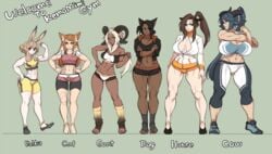 5_fingers 5_toes 6+girls 6girls abs animal_ears animal_humanoid anklet athletic big_breasts bike_shorts bovine_humanoid breasts canine_humanoid cat cat_girl catgirl cow dog dog_girl dog_humanoid feline_humanoid female goat hooves horns horse horse_humanoid kemonomimi lagomorph_humanoid large_breasts monster_girl multiple_girls rabbit rabbit_humanoid ryo_agawa small_breasts spats sports_bra tomboy