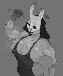 algo_original axe big_breasts black_hair breasts bunny_mask carrying dbd dead_by_daylight female female_only greyscale huntress huntress_(dead_by_daylight) long_hair scars sweat sweater sweaty_body tagme voluptuous