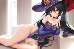 1girls black_hair blue_eyes collarbone damao_yu female female_only genshin_impact gloves hat leotard long_hair looking_at_viewer mona_(genshin_impact) solo solo_female thick_thighs thighs twintails