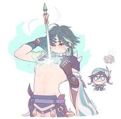 2boys gay genshin_impact iggiesca male nipples shirtless spear venti_(genshin_impact) voyeur watching xiao_(genshin_impact)