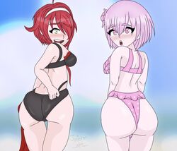 2girls ass ass_focus big_ass big_butt black_swimsuit brave_danganronpa:_coward's_paradise danganronpa fanganronpa green_eyes hibana_anko junior_art_ kongou_hana long_hair multiple_girls pink_eyes pink_hair pink_swimsuit polka_dot red_eyes short_hair small_breasts smooth_skin swimsuit