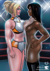 2girls black_hair blonde_hair blue_eyes catfight curvy dark-skinned_female laffinityl large_breasts mercy original_character overwatch side_view sports_bra sports_uniform staredown symmetrical_docking virgin_killer_sweater voluptuous wrestling_ring