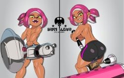 advertising big_ass black_eyeshadow booty_shorts brown_skin bulge butt_focus captain_kirb femboy fit_male from_behind gay grey_background gun hair_scrunchie happy inkling inkling_boy looking_back_at_viewer male male_only minigun modeling pink_eyebrows pink_hair pistol_(oc) ponytail posing shirtless shorts smile smiling splatoon tagme tan_body watermark weapon white_sclera yaoi yellow_eyes