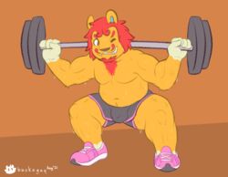 animal_crossing bodily_fluids bottomwear buckoguy bulge clothing exercise facial_hair felid furry gym_bottomwear gym_clothing gym_shorts hi_res lion male male_only mammal nintendo pantherine rory_(animal_crossing) shorts solo sweat video_games weightlifting workout