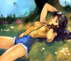 1girls 2020s 2021 armpit big_breasts black_hair blue_bottomwear breasts brown_eyes brown_handwear cleavage clothing denim_shorts eyewear_on_head female flowers gloves goggles goggles_on_head grass human laying_down laying_on_back long_hair looking_at_viewer looking_right manga misato_katsuragi neon_genesis_evangelion on_back optionaltypo outdoors purple_hair river shiny_legs shiny_skin short_shorts shorts solo solo_female teasing teasing_viewer thighs tomboy tongue tongue_out tree tree_trunk two_tone_topwear unbuttoned_bottomwear water watermark