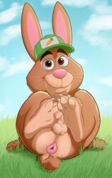 absurd_res anthro anus ass balls claws clothing disney feet fur genitals hat headgear headwear hi_res lagomorph leporid looking_at_viewer magzol male mammal nude pawpads paws penis rabbit sitting smile solo stu_hopps toes zootopia