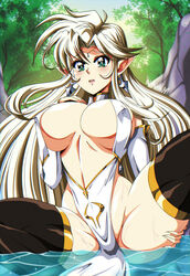 1girls blonde_hair blush breast_curtains danmakuman detached_sleeves elf elf_ears erect_nipples green_eyes huge_breasts loincloth long_hair original original_character outside pointy_ears pond revealing_clothes squatting