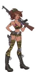 alpha_channel army_gals beret bikini_top booty_farm booty_shorts camouflage character_profile character_sheet clothed_female combat_boots for_sticker_use garter_belt_leggings garter_straps gun military_boots military_tattoo military_uniform nutaku pistol png rifle sandra_(booty_farm) sexy_camo solo solo_female solo_focus sticker_template tender_troupe transparent_background transparent_png