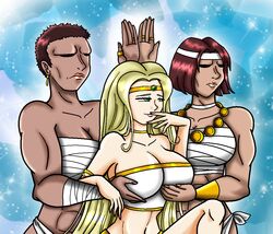 big_breasts blonde_hair breast_grab breasts dark-skinned_female drusyla goddess jewelry long_hair meme muscular_female nickyvendetta oc original_character servants_holding_aphrodite's_breasts_(meme) short_hair tagme yuri