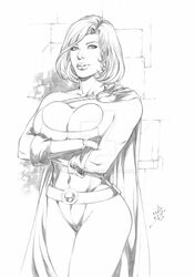 1girls arms_crossed belt black_and_white cape cleavage cleavage_cutout dc dc_comics ed_benes_studio gloves huge_breasts karen_starr kryptonian lanio_sena leotard power_girl tight_clothing voluptuous