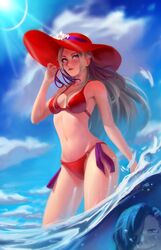 1boy 1girls absurdres alternate_costume beach bikini blue_sky breasts cleavage edelgard_von_hresvelg female fire_emblem fire_emblem:_three_houses hat highres hubert_von_vestra lens_flare light_rays long_hair mattikarp medium_breasts navel nintendo ocean partially_submerged partially_underwater_shot red_bikini red_headwear red_swimsuit silver_hair sky smile solo_focus standing stomach submerged sun_hat sunlight swimsuit underwater wading water you_gonna_get_raped