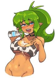 blue_eyes bottomless bra brown_skin cow_girl cow_print cowgirl docecaedrus dryad_(terraria) female green_hair milk monster_girl smug solo terraria