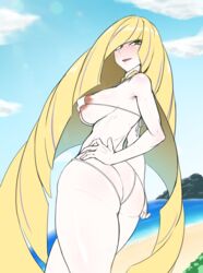 1girls alternate_breast_size areolae ass bikini blonde_hair breasts exabyte eye_contact female green_eyes looking_at_viewer lusamine_(pokemon) mature_female milf nintendo parallax05 pokemon pokemon_sm standing thick_thighs