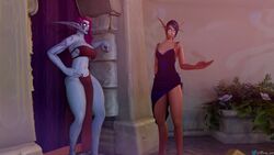 2girls 3d abs barefoot blood_elf blue_eyes blush bulge clothed clothing curvy curvy_figure death_knight death_knight_(warcraft) dress elf embarrassed female female_only fully_clothed hand_on_hip humanoid legs loincloth night_elf reey_art short_dress shy standing thick thick_thighs thighs undead undead_(warcraft) undead_elf warcraft world_of_warcraft wow