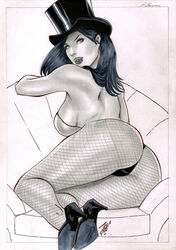 ass black_and_white bubble_butt dc dc_comics fishnet_stockings high_heels joe_lima large_breasts long_hair looking_at_viewer looking_back magician monochrome stockings straight_hair top_hat voluptuous zatanna zatanna_zatara