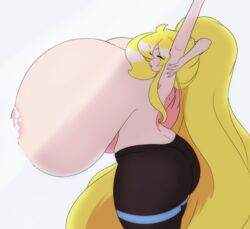 black_pants blonde_hair cassie_(theycallhimcake) closed_eyes edit huge_breasts lactation long_hair milk_on_breasts nipples no_bra side_view stretching