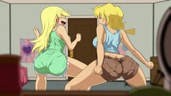 2girls ass ass_shake big_ass big_breasts booty_shorts breasts bubble_butt butt_crack closed_eyes female female_only kiryu-sketchbook leni_loud looking_at_viewer looking_back lori_loud short_shorts shorts sideboob smile the_loud_house thick_thighs twerking