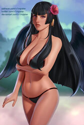 arm_under_breasts bikini black_hair cleavage dead_or_alive flower_in_hair huge_breasts long_ears looking_at_viewer nyotengu purple_eyes v1mpaler voluptuous wings