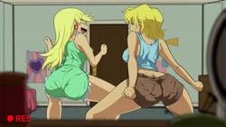 2girls ass ass_focus ass_shake back_view big_ass big_breasts breasts closed_eyes dimples_of_venus female female_only kiryu-sketchbook leni_loud looking_at_viewer looking_back lori_loud recording sideboob smile the_loud_house thick_thighs twerking