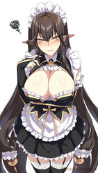 1girls 2021 angry arm_under_breasts artist_signature blush breasts brown_hair cleavage clenched_teeth clothed clothed_female embarrassed fate/apocrypha fate/grand_order fate_(series) female female_focus female_only garter_straps hips huge_breasts long_ears long_hair long_nails looking_at_viewer maid maid_headdress maid_outfit maid_uniform pointy_ears punopupupu semiramis_(fate) simple_background slim_waist thick_thighs thighhighs thighs twitter_username very_long_hair white_background wide_hips yellow_eyes zeroshiki_kouichi