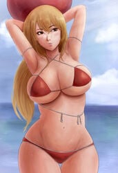 1girls armpits beach beach_ball bikini blonde_hair brown_eyes fairy_tail huge_breasts long_hair lucy_heartfilia narrow_shoulders neileenre seaside thin_arms voluptuous wide_hips