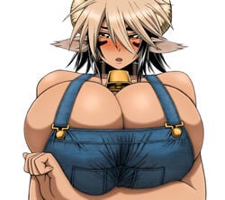 apron breast_lift bursting_breasts cathyl cathyl_(monster_musume) cleavage colorized curvy female horns huge_breasts manga minotaur minotaur_female monster_girl monster_musume_no_iru_nichijou nervous okayado short_hair tanned_skin tight_clothing white_hair