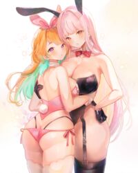 2girls absurdres animal_ears ass bare_shoulders big_breasts bikini_bottom black_corset black_latex black_legwear black_stockings blunt_bangs bow bowtie breasts bunny_ears bunny_girl bunny_tail bunnysuit bustier cleavage collar corset covered_nipples cuffs female female_focus female_only from_behind garter_straps gloves green_hair hair_ribbon hand_on_hip hand_on_own_hip highleg highleg_leotard highleg_panties highres hololive hololive_english hololive_myth hug hugging large_breasts latex latex_stockings legs_together legwear leotard looking_at_viewer looking_back modoki_kuma mori_calliope multicolored_hair multiple_girls orange_hair panties pink_corset pink_hair pink_panties playboy_bunny purple_eyes rabbit_ears rabbit_tail red_eyes ribbon shiny shiny_skin sideboob sleeve_cuffs standing stockings strapless strapless_leotard tail takamori_(hololive) takanashi_kiara thick_thighs thighhighs thighs two_tone_hair underwear virtual_youtuber white_legwear white_wrist_cuffs wrist_cuffs yuri