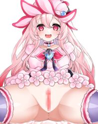 :d anus brooch censored detached_collar dress dress_flower elsword female hat jewelry laby_(elsword) long_hair looking_at_viewer mosaic_censoring open_mouth pink_dress pink_eyes pink_hair pink_headwear pink_theme purple_legwear pussy sharp_teeth shining_romantica_(elsword) simple_background sitting smile solo spread_legs sula_(s_ra760) teeth thighhighs white_background